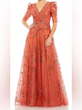 NWT Mac Duggal Sz 4 Embroidered Cinnamon Tulle A-line Gown 20428